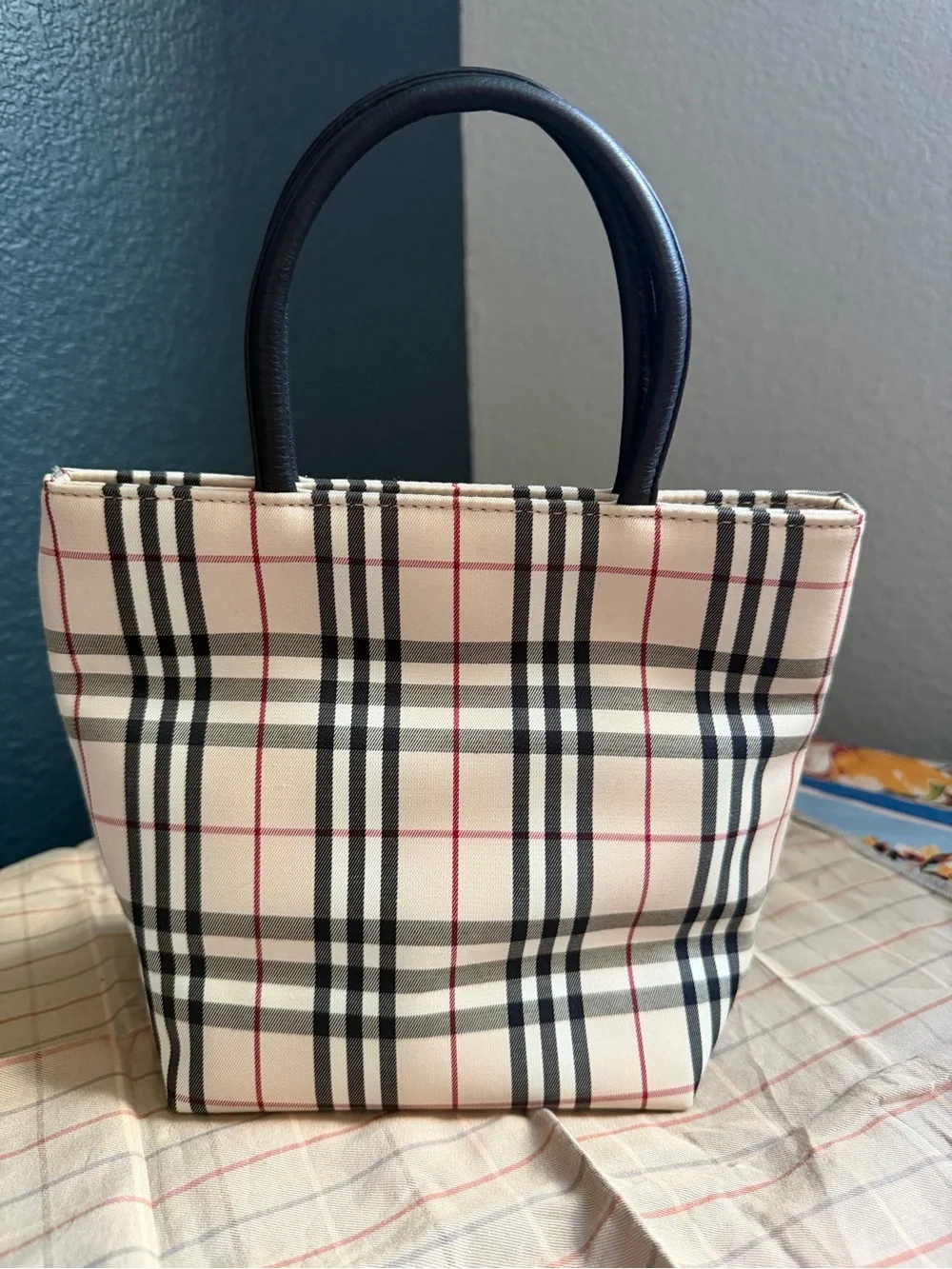Burberry Beige Plaid Tote with Black Handles